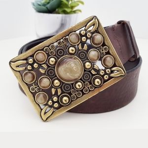 Keldon🔥Vtg Italian Boho Leather Big Brass Buckle Belt